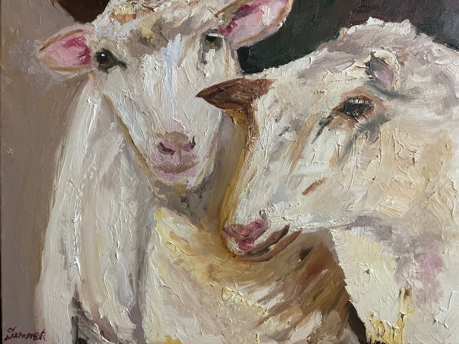 Lamb Love, animal oil painting by Summer Ray