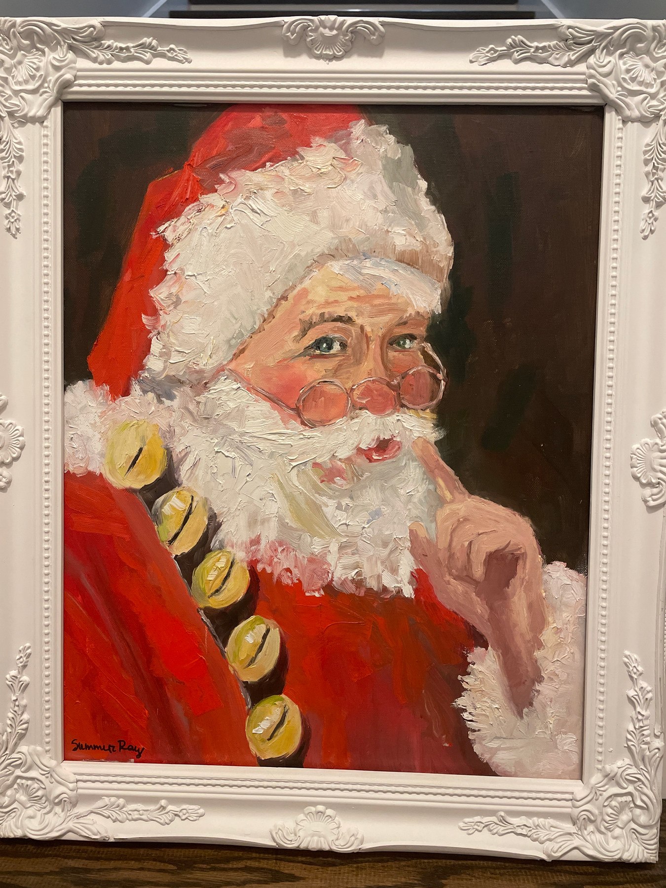 The Man Upstairs, Christmas oil painting of Santa kneeling by Summer Ray