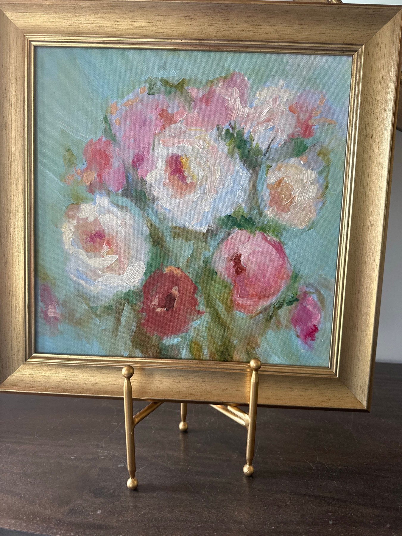 Detail of a framed rose oil painting by Summer Ray