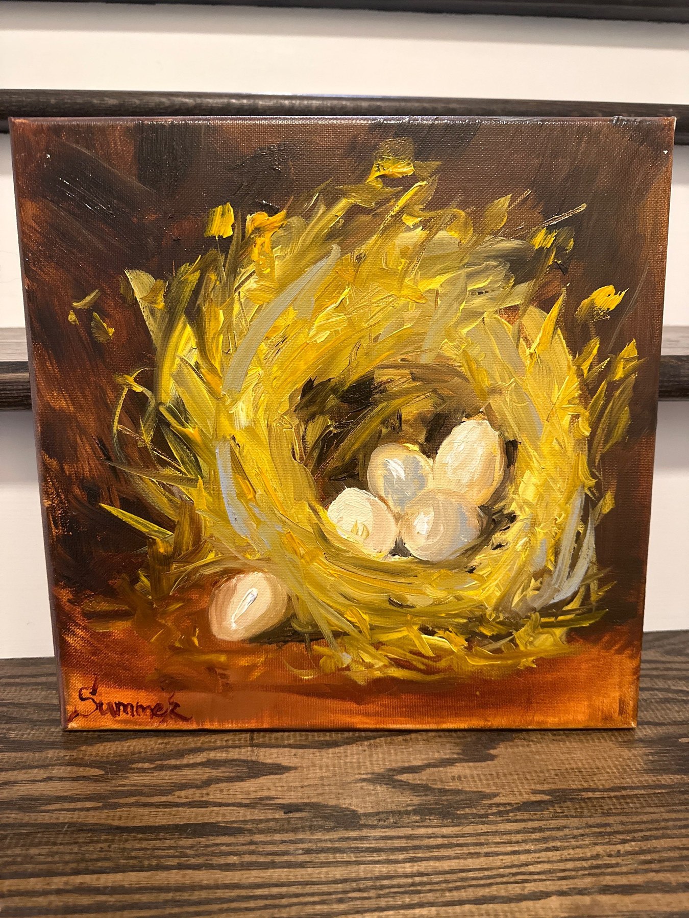 Barn Nesting, pastoral oil painting by Summer Ray